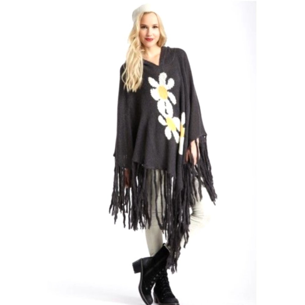 Wildfox White Label Oversized Daisy Fringed Hooded Poncho